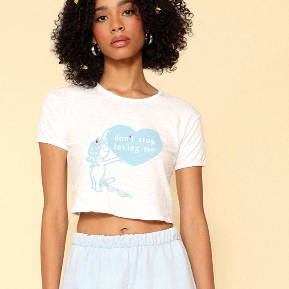 Boys Lie Dont Stop Loving Me White Graphic Baby Tee Crop Top Small Made in USA